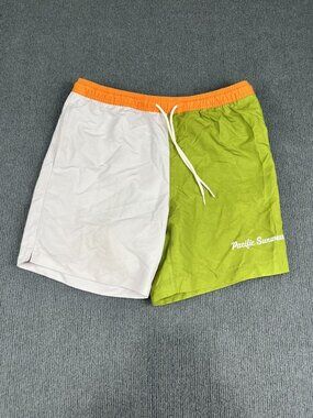 PacSun Men's White/Green/Orange Colorblock Drawstring Swim Shorts M